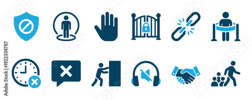 Collection of blue two-tone flat icons representing concepts like ban, limit, permission, security, and social boundaries for user interface design and infographics