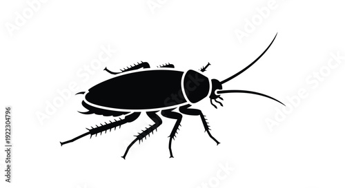A detailed black silhouette of a cockroach crawling on a surface