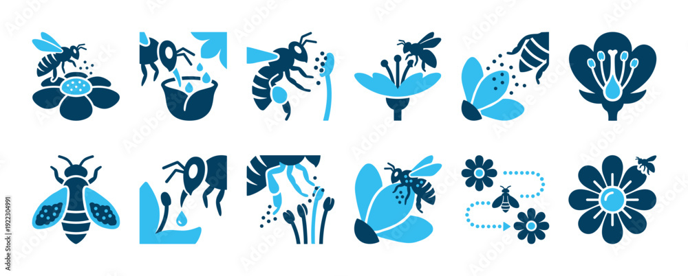 Fototapeta premium These detailed two-tone vector icons illustrate the natural process of bee and hand pollination, showcasing various stages of collecting nectar and transferring pollen
