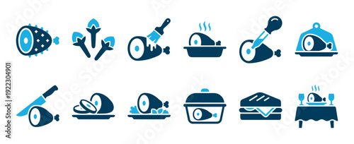 Blue ham preparation and serving icon set showing glazing, roasting, slicing, and dining on a holiday meal, presented in a clean, modern, flat vector graphic style