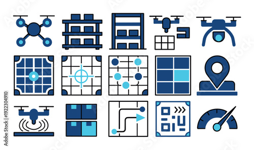 Collection of blue drone delivery icons showing logistics, warehouse management, quadcopters, navigation maps, and automated package shipping concepts in a flat vector style