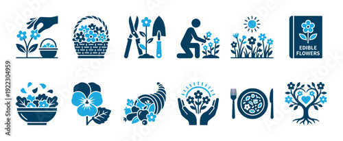 Blue edible flower icon set showing gardening, harvesting, cooking, and eating concepts with minimalist vector illustrations of plants, tools, food, and symbols