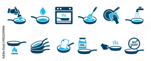 Collection of frying pan care and cleaning icons illustrating various steps for cooking, seasoning, and maintenance, presented in a clean, modern two-tone blue graphic style