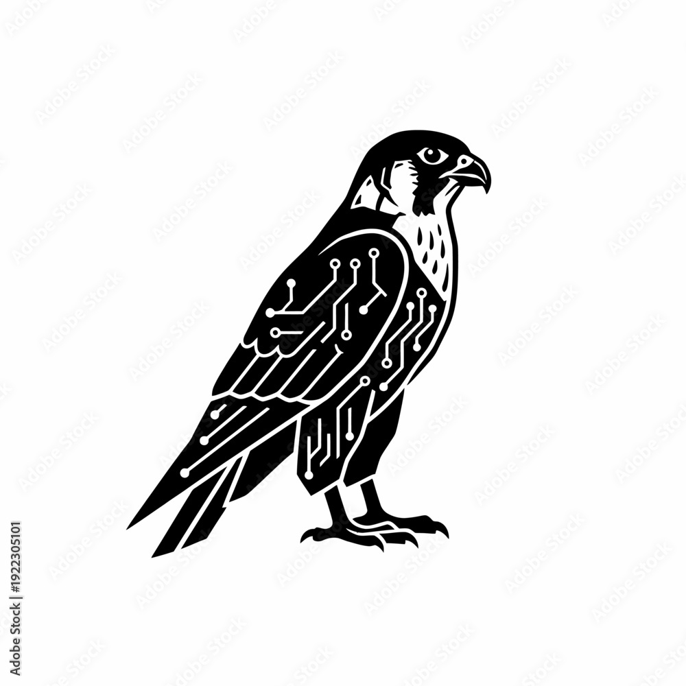 Fototapeta premium Black and white falcon with circuit board pattern on its body.
