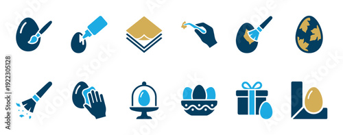Collection of flat blue and gold Easter egg decoration icons illustrating various steps of the festive process and presentation, rendered in a clean graphic style