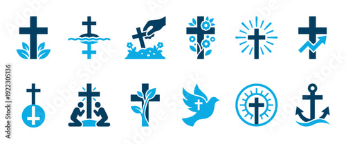 Collection of stylized Christian cross icons, each featuring unique symbolic elements like leaves, water, flowers, and a dove, rendered in a modern two-tone blue flat design