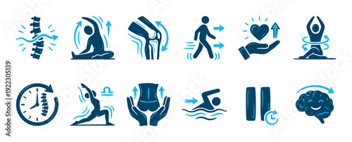 Twelve blue and light blue health and wellness icons illustrate various physical and mental well-being concepts, featuring spine, knee, heart, core, and brain health, plus stretching, walking,swimming