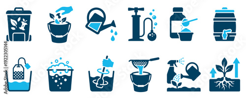 Twelve blue and dark blue gardening and composting icons illustrating various steps for plant care, organic waste management, and soil enrichment processes in a clean, graphic style