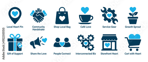 Collection of ten blue and white flat icons representing community, local business support, connection, and social responsibility, featuring heart symbols within each graphic