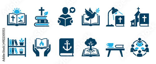Collection of ten blue religious and reading icons, depicting concepts like bible study, spiritual growth, knowledge, and community learning in a clean, modern flat design style