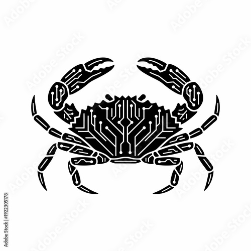 Digital Crab Circuit Board Design Black and White Illustration.