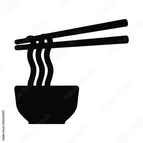 Stylized Black and White Illustration of Noodles in a Bowl with Chopsticks