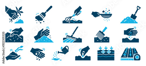 Blue agriculture and gardening glyph icons illustrating soil cultivation, planting seeds, weeding, watering, and growing plants with hands and tools like a rake, shovel, and fork