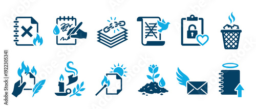 Set of twelve blue vector icons illustrating concepts of endings and beginnings, such as burning documents, new growth, and spiritual release in a simple glyph style