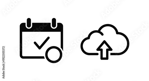 Calendar with checkmark and cloud upload simple black outline silhouette