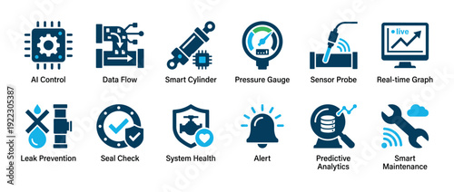 Set of smart industry and automation icons for concepts like AI control, data flow, predictive analytics, and system health, illustrated in a clean two-color flat design