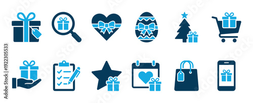 Collection of blue gift and shopping icons for holidays and special occasions, including a present, heart, shopping cart, calendar, and smartphone for e-commerce concepts