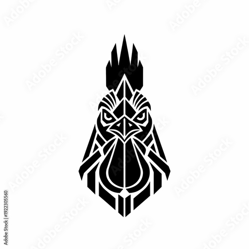 Stylized geometric black rooster head logo design with sharp lines.