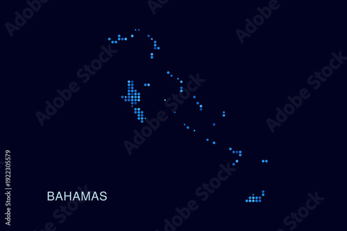 Bahamas Map - Blue Dotted Halftone Vector Illustration on Dark Navy Background, Abstract Circle Grid Silhouette Design for Infographic and Modern Presentation Use.