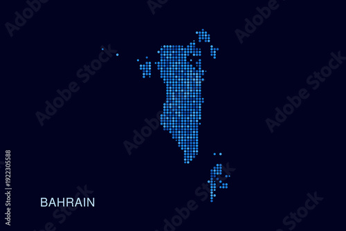 Bahrain Map - Blue Dotted Halftone Vector Illustration on Dark Navy Background, Abstract Circle Grid Silhouette Design for Infographic and Modern Presentation Use.