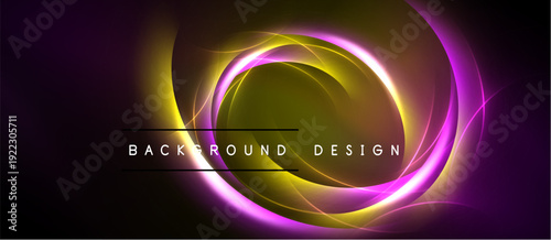Abstract design features glowing circles, purple, gold hues. Dark background enhances luminosity, creating dynamic visual effect.