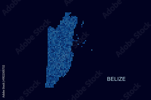 Belize Map - Blue Dotted Halftone Vector Illustration on Dark Navy Background, Abstract Circle Grid Silhouette Design for Infographic and Modern Presentation Use.