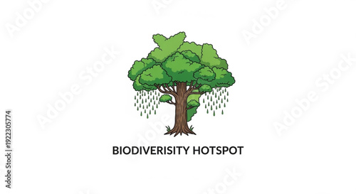 Biodiversity hotspot tree illustration with rain green leaves and brown trunk on white background