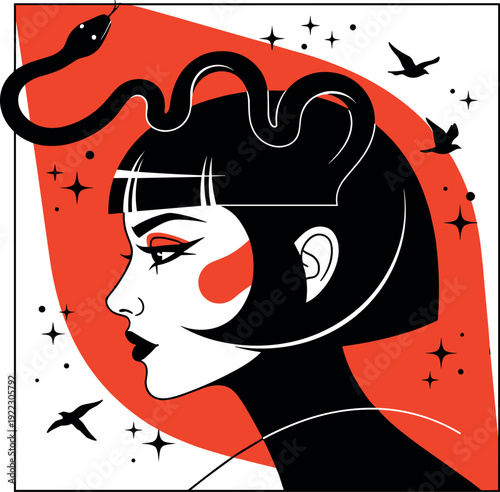 Woman profile illustration, surreal fashion art, snake motif design, bold graphic portrait, mystical symbolism, red black contrast, creative vector drawing
