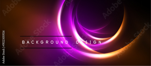 Abstract neon circles overlap, creating vibrant orange, purple glow. Dark background emphasizes luminous design elements. Modern, dynamic composition.