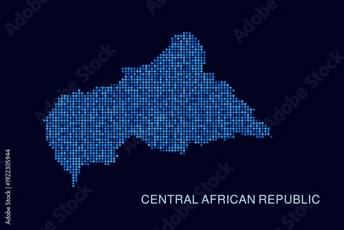 Central African Republic Map - Blue Dotted Halftone Vector Illustration on Dark Navy Background, Abstract Circle Grid Silhouette Design for Infographic and Modern Presentation Use.