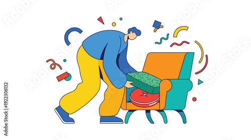 Man and Armchair Arranging Cushions with Floating Geometric Shapes, symbolizing Home Comfort and Creative Interior Design, in a Vibrant Flat Line Art Isolated Vector Graphic