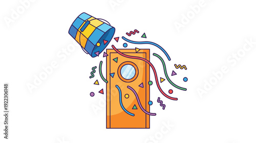 Pinata and Door spilling colorful confetti and streamers, symbolizing surprise, celebration, and fun in a vibrant line art cartoon style isolated vector graphic.