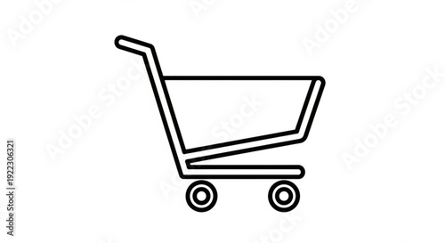 Simple line illustration of a shopping cart on wheels from a straightforward viewpoint