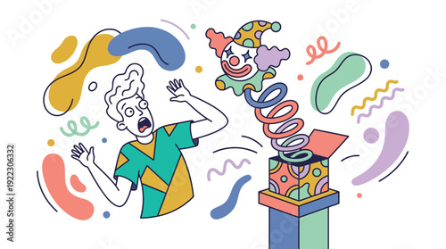 Surprised Man, Jack-in-the-Box with Clown Popping Out - Surprise, Fear Concept, Playful Line Art, Pastel Colors Vector Illustration