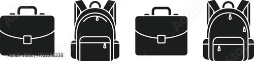 Set of black vector silhouettes featuring classic business briefcases and school backpacks isolated on a white background for travel and fashion design.