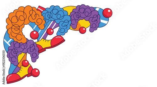 Clown Circus Theme Corner Design with Curly Wigs, Big Shoes, Red Noses, Abstract Shapes, for Fun, Party & Entertainment, Flat Vector Bold Outlines Vibrant Colors, Customizable EPS Illustration.