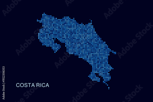 Costa Rica Map - Blue Dotted Halftone Vector Illustration on Dark Navy Background, Abstract Circle Grid Silhouette Design for Infographic and Modern Presentation Use.