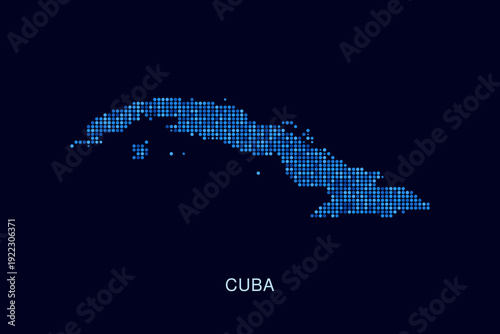 Cuba Map - Blue Dotted Halftone Vector Illustration on Dark Navy Background, Abstract Circle Grid Silhouette Design for Infographic and Modern Presentation Use.