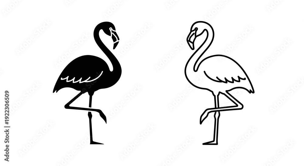 Obraz premium Two stylized black and white flamingo illustrations standing on one leg, vector art Vector