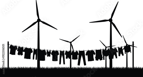Silhouette of wind turbines and eco-friendly clothesline with drying garments on grassy field, symbolizing renewable energy, sustainable living, and environmental consciousness in modern lifestyle pho