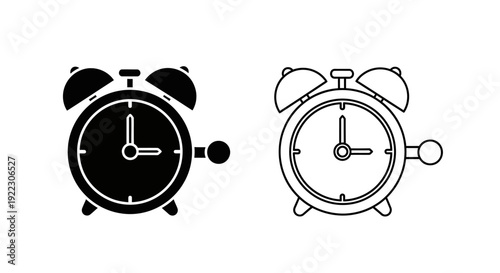 Vintage alarm clock, retro timepiece, classic design, black and white illustration Vector