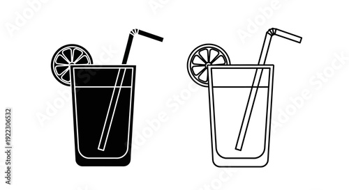 Two glasses of drinks with straws and lemon slices, minimalist line art illustration Vector