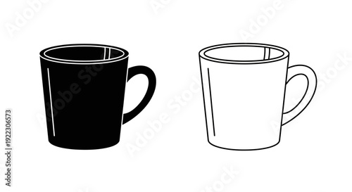 Two mugs, one black, one white, illustrations, vector, design, art, drink, coffee, tea, ceramic, cup, handle, beverage, hot, cold Vector