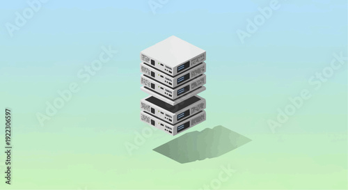 3D rendered floating office building with shadow on green gradient background.