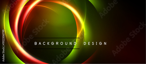 Abstract design features vibrant overlapping circles. Colors include red, green, yellow, brown. Dark background enhances luminosity.