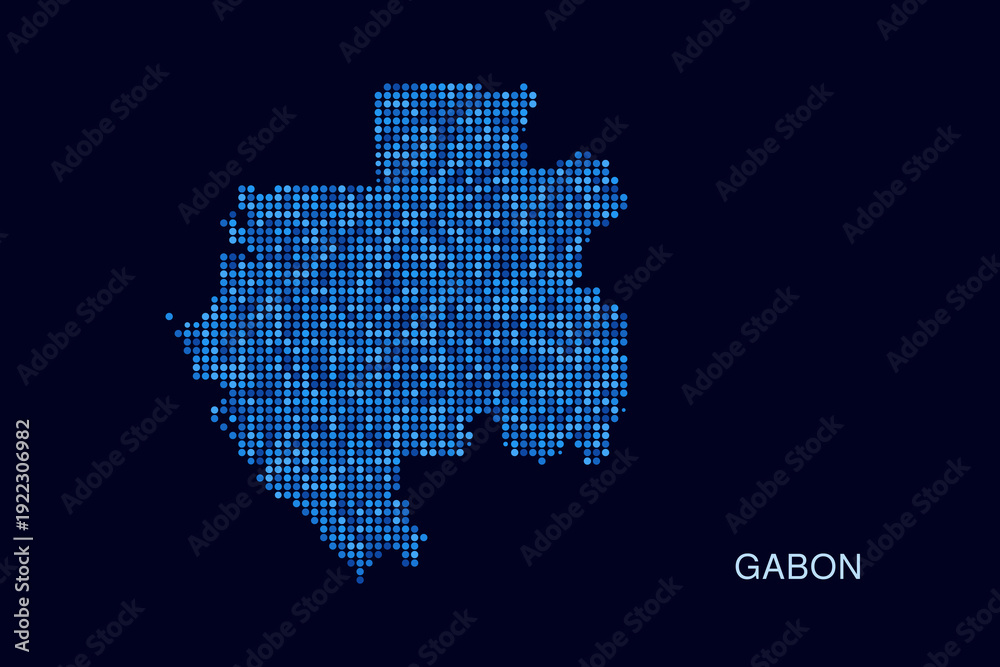 Fototapeta premium Gabon Map - Blue Dotted Halftone Vector Illustration on Dark Navy Background, Abstract Circle Grid Silhouette Design for Infographic and Modern Presentation Use.