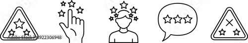Set of linear vector icons featuring stars, speech bubbles, and hands representing customer feedback, user ratings, and review systems for web interface design.