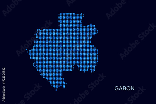 Gabon Map - Blue Dotted Halftone Vector Illustration on Dark Navy Background, Abstract Circle Grid Silhouette Design for Infographic and Modern Presentation Use.