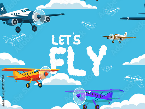 playful cartoon airplanes soaring sky let's fly drawing children illustration