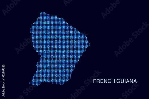 French Guiana Map - Blue Dotted Halftone Vector Illustration on Dark Navy Background, Abstract Circle Grid Silhouette Design for Infographic and Modern Presentation Use.
